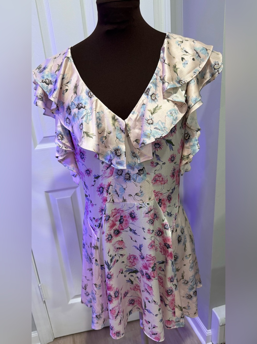 LoveShackFancy Pink & Blue Floral Ruffle Midi Dress
